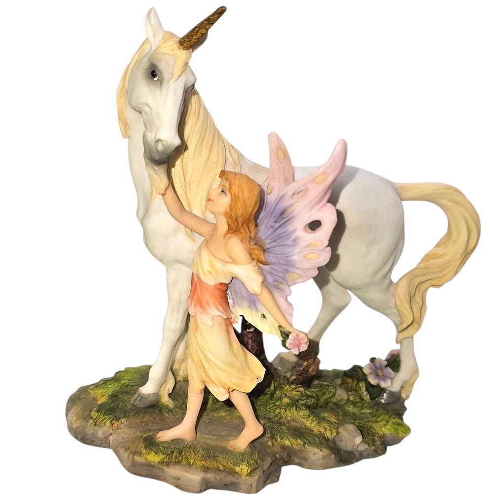 Vintage 2001 Fairy and Unicorn Figurine Gold‎ Horn Fantasy Statue Pastel Decor